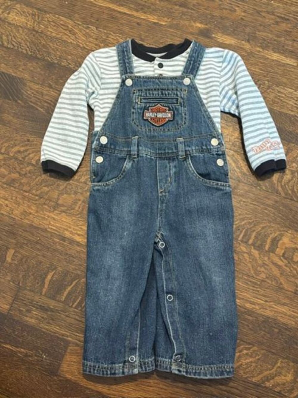 Harley Davidson Denim Overalls Striped Shirt Size 24 Months
